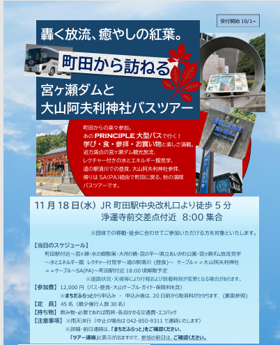 【11月18日(水) 轟く放流、癒やしの紅葉。 町田から訪ねる、宮ヶ瀬ダムと大山阿夫利神社バスツアー】